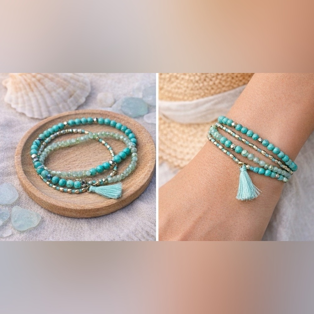 Artisan Mermaidcore Turquoise and Gold Tone Bead Tassel Stretch Bracelet Set - Picture 1 of 5